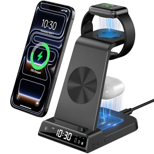 doeboe Wireless Charger, 3 in 1 Charging Station for Multiple Devices Apple with Digital Clock for i Phone 14/13/11/12/Pro Max/XR/AirP od Pro/3/2, Charger Dock for Apple Watch Series