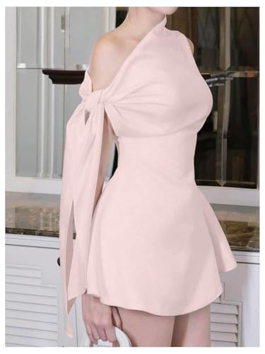 GORGLITTER Women's Off The Shoulder Mini Dress Tie Shoulder Asymmetrical A Line Flared Chic Cocktail Dresses4