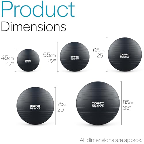 Image of Core Balance Exercise Ball, Stability Ball for Yoga, Pilates and Fitness, Gym Ball for Home Gym and Office Chair, Training, Physical Therapy, Anti Burst, Pump Included, 55cm 65cm 75cm 85cm