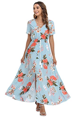 Image of VintageClothing Women's Floral Maxi Dresses Boho Button Up Split Summer Casual Long Dress Beach Party Dress