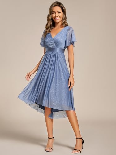 Ever-Pretty Women's Elegant V Neck Pleated Short Sleeves Glitter A Line Midi Wedding Guest Dress 521593