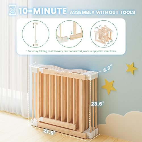 Image of Foldable Wooden Playpen - Adjustable Wood Baby Play Yard with Door, Indoor Large Safety Fence for Babies and Toddlers - Easy Assembly, Natural, 55 x 30 x 24 inches