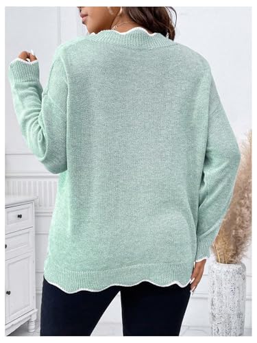 Image of MakeMeChic Women's Plus Size Long Sleeve Sweaters Scalloped V Neck Knit Cozy Sweater Pullover Blue 2XL
