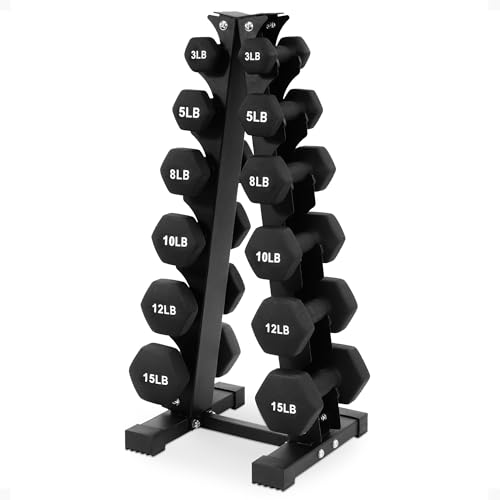 BalanceFrom Neoprene Coated Iron Dumbbell Hex Weights Set with Stand &ndash; Color-Coded or Black...