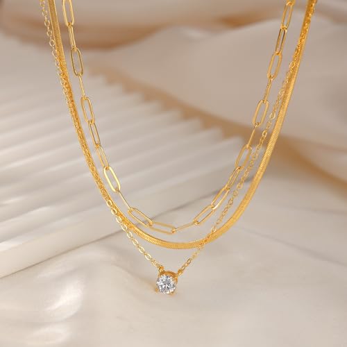 MBW Gold Layered Set Necklaces for Women, Dainty 14K Gold Plated Layered CZ Pendant Necklaces Simple Gold Herringbone Snake Choker Cuban Link Paperclip Chain Necklace Jewelry Sets for Women Girls3