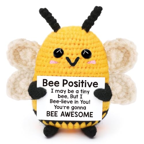 Sunwuun Positive Bee,Good Luck Positive Gifts, Emotional Support Mini Funny Knitted Bee Doll,Affirmation for Women Girl Men Friend,Leavers Gifts for Work Colleagues