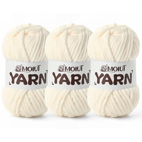 Image of 3 Pack Fluffy Chenille Yarn for Crocheting, Chunky Velvet Yarn for Crochet Amigurumi, Baby Yarn for Crocheting Soft Blanket, 262.4yds /10.5 oz Bulky Yarns for Crafts /Hats /Shoes /Socks (3 Milky White)