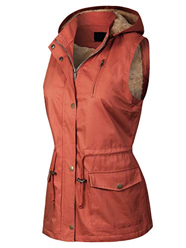 Mixmatchy Women's Military Soft Faux Lined Anorak Utility Hooded Jacket Vest Rust M #TOP1