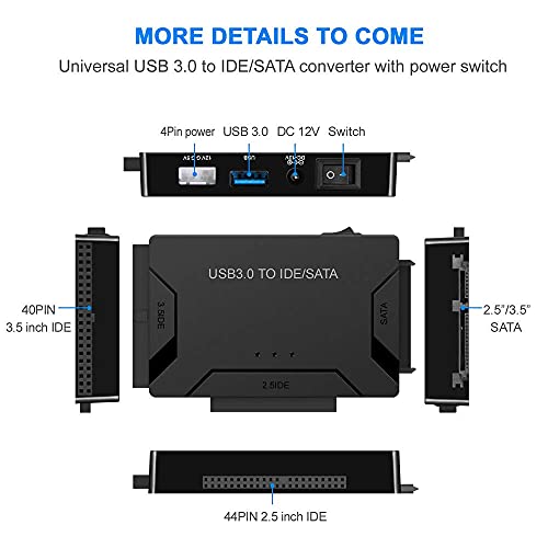 Image of IDE SATA to USB 3.0 Adapter,Hard Drive Adapter Converter for 2.5 inch 3.5 inch IDE External SATA HDD SSD,Hard Drive Reader with 12V 2A Power Adapter,Black
