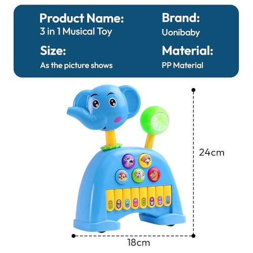 Image of Uonibaby by StarAndDaisy Musical Animal Toy for Baby, Infant & Toddler , 3-in-1 Kids Learning Toy with Piano Keys / Toys, Animal Sounds, Rotating Head, Lights & Pull-Along Wheels -Elephant