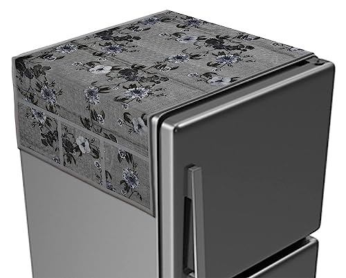 Image of Kuber Industries Floral Print Fridge Cover With Side Pockets|Fridge Top Cover|Refrigerator Cover|Washable Cotton Material|6 Utility Pockets (Grey)