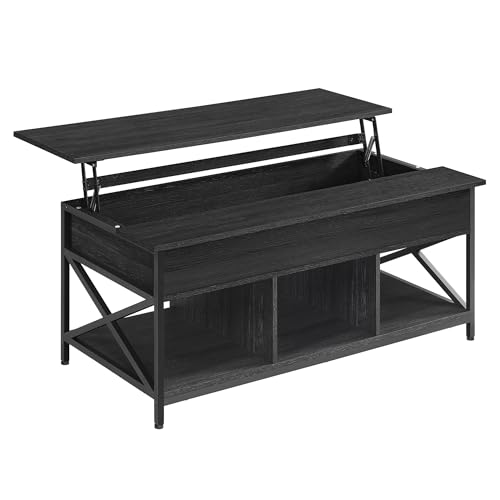 VASAGLE Lift-Top Table - Coffee Table with Open & Hidden Storage, X-Shaped Bars, 60 x 120 x (48-62) cm, Charcoal Grey & Black