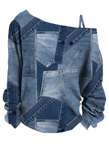 Women's Cold Off Shoulder Denim Print T Shirt Long Sleeve Loose Graphic Tee Tops