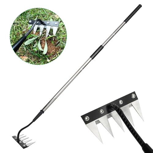 Forged Iron Weeding Rake Gardenia 2.0 Iron Weed Rake with Long Handle Thickened 5 Teeth Carbon Steel Garden Weeding and Leaf Removal Tools