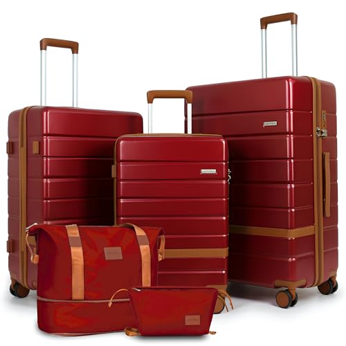 Image of 5-Piece Luggage Set for Family Travel: Lightweight Hardshell Suitcases (20 /24 /28 Inch, Plus Underseat & Tote) | 8 Spinner Wheels, TSA Lock & YKK Zippers | Durable PC+ABS Construction in Red