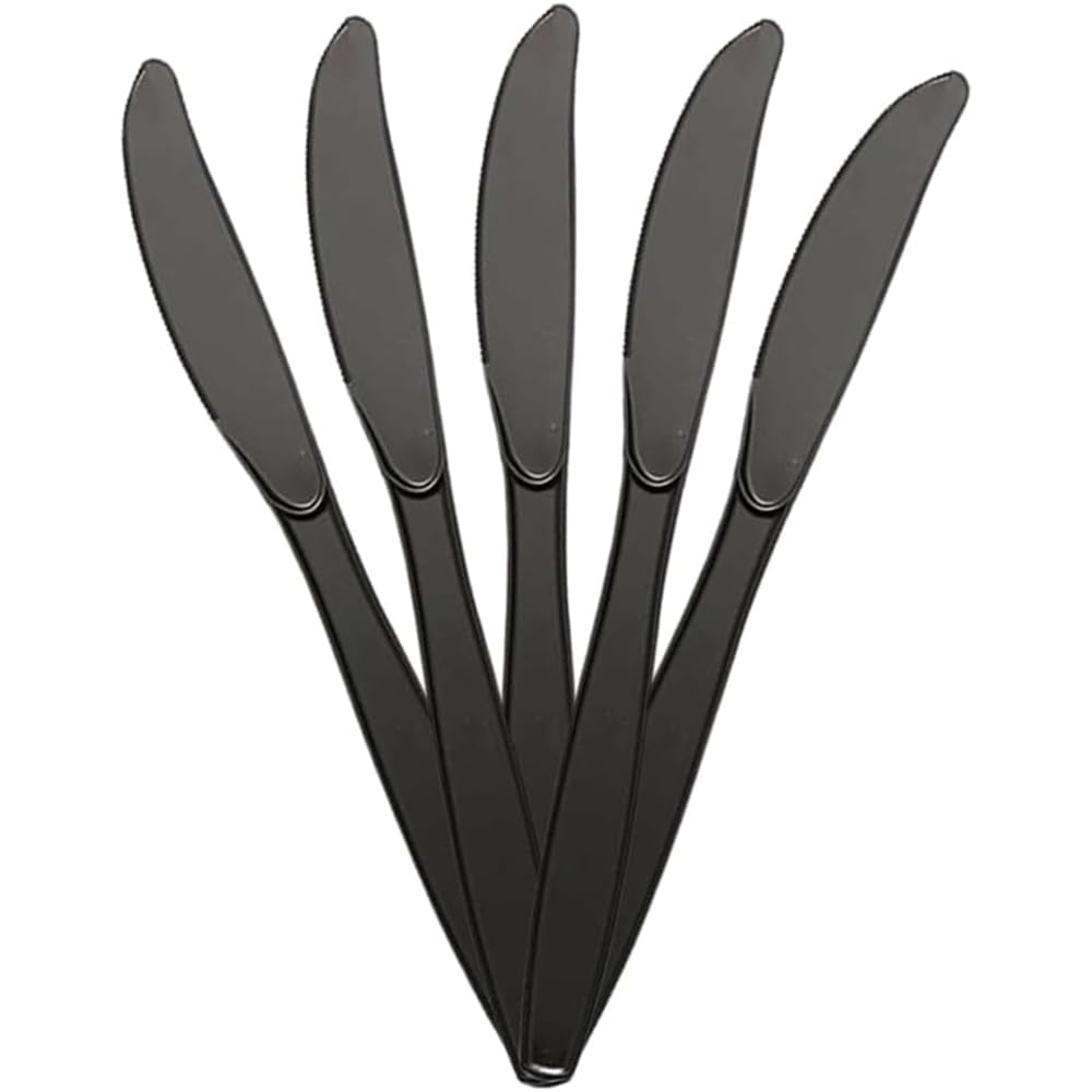 IZMAH LTD 50 x Black Reusable Plastic Knives Heavy Duty Light Weight Cutlery Set Perfect For Cake Fruits Dinnerware Birthday Parties Events Picnics Camping Catering Daily Use