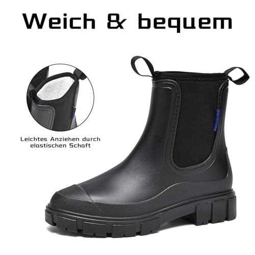 GemChve Gummistiefel Damen Gefüttert Wasserdicht Gummistiefel Halbhohe Chelsea Boots rutschfeste Stiefeletten Regenstiefel Regenschuhe Gummistiefeletten Warm Gartenschuhe Black 40EU