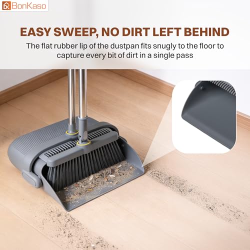 Image of BonKaso Broom and Dustpan Set with Long Handle, Upright Standing Floor Broom and Jhadu with Self Cleaning Comb, Rubber Lip and Multilayer Bristles, Foldable Space Saving Indoor Cleaning Set