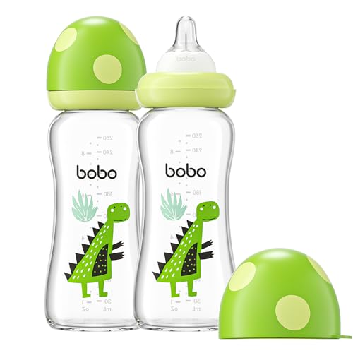 Image of YOHKOH Natural Glass Baby Bottle with Level 2 Medium Flow Nipple, Newborn Anti-Colic Baby Bottles, Wide Neck Mushroom Baby Glass Bottle (8.8ounce (Pack of 2), Green2)