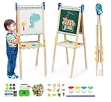 Kinder Staffelei mit Papierrolle 3 in 1,Faltbare Doppelseitiges Whiteboard und Kreidetafel Holz Kunst Staffelei Höhenverstellbar mit Aufkleber Malzubehör Ablageschale für Mädchen Jungen ab 3 Jahre