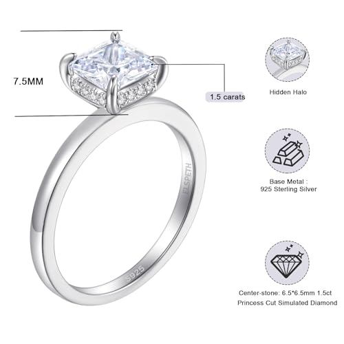Elspeth 1.5CT 925 Sterling Silver Engagement Rings for Women Princess Cut Solitaire Cubic Zirconia Promise Rings for Her Size 7 — view 6