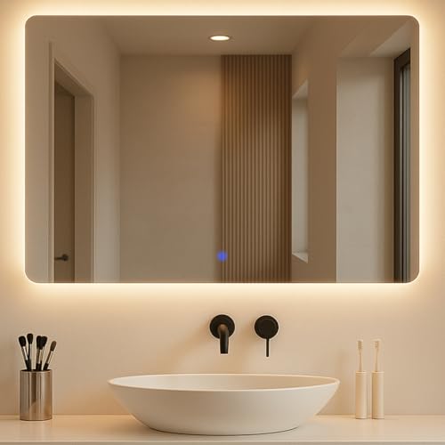 LARDECOR - Espejo de Pared Decorativo con Luz LED Regulable 3000K/4000K/6000K【70 x 50 cm】 Diseño Rectangular, Función Antivaho y Memoria con Interruptor Táctil e Instalación Fácil