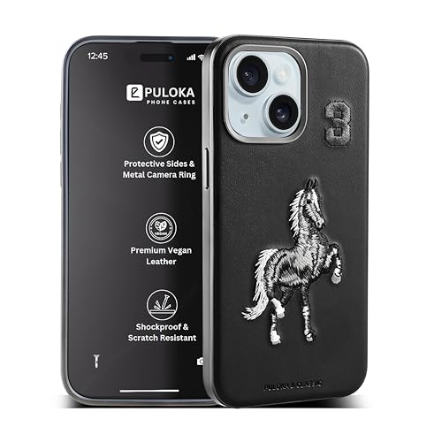 Image of PULOKA-Mobile Cover Compatible with iPhone 13-Horse Embroidery -Sleek & Stylish-Protective & Anti Scratch Phone Cover Vegan Leather Back Case -Men & Women-Santa Barbara Polo (Black)