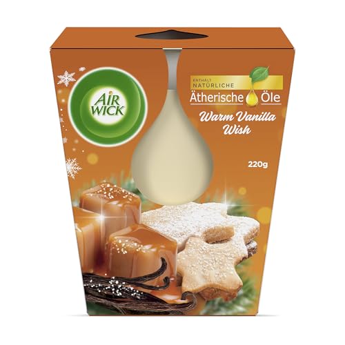 Air Wick Wohlfühl-Duftkerze XL im Glas – Duft: Warm Vanilla Wish – Bis zu 40 Stunden Brenndauer – Enthält natürliche ätherische Öle – 220 g Duftkerze