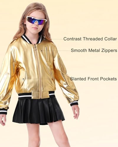 LOLANTA Kids Metallic Shiny Jacket Lightweight Zip Up Pockets Holographic Cropped Girls Bomber Jacket2