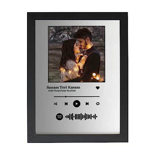 Image of wood Spotify Wall Mount Rectangular Photo Frame Personalized Picture Music Frame Anniversary For Gift | Scannable Spotify Song Qr Code Frame With Your Photo, Grey & White - 5X7 Inch