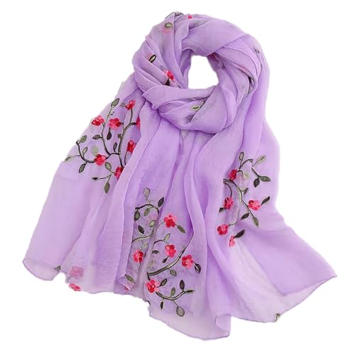 Pluto & Fox Écharpe pour femme, brodée de fleurs, foulard en soie, design rétro, élégante, étole, violet, 75cm*175cm