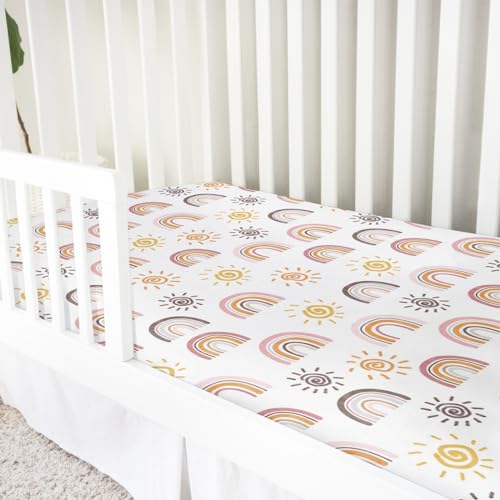 Image of Boho Sunshine Rainbow Baby Crib Sheets 52''x28'' Colorful Rainbow Sun Stretchy Fitted Crib Mattress Cover for Boy Girl Soft Baby Nursery Bed Sheet for Standard Crib and Toddler Mattresses