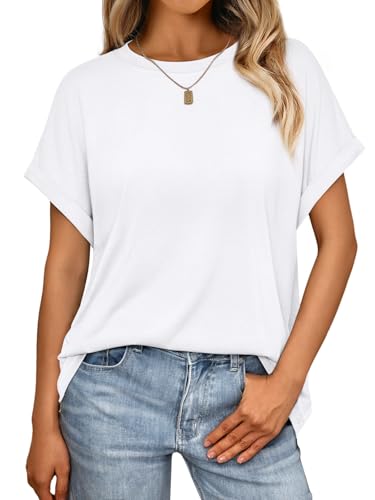 AUTOMET Women's Oversized Short Sleeve T-Shirt, Casual Drop Shoulder Top with Roll-Up Cuff Sleeves for Summer White M