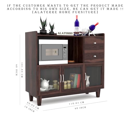Image of Wood Kitchen Crockery Cabinet with Glass Door | Wooden Sideboard Cabinets Living Room | Crockery Unit, Dining Room Furniture, Chest of Drawers, Walnut Finish