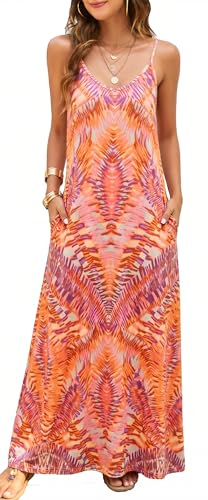 Image of Supnier Women's Summer Maxi Dress Casual V-Neck Sleeveless Bohemian Spaghetti Strap Floral Long Maxi Dress with Pockets