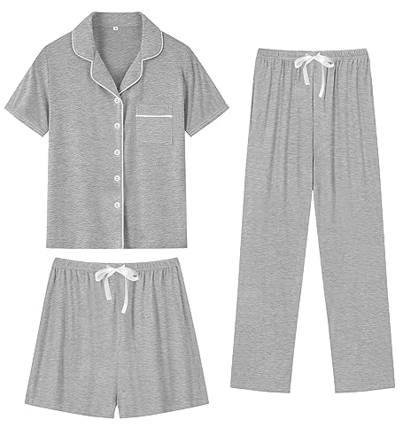 Image of SWOMOG Womens 3pcs Button Down Pajamas Set Short Sleeve Sleepwear Bride Pj Lounge Set with Long Pants