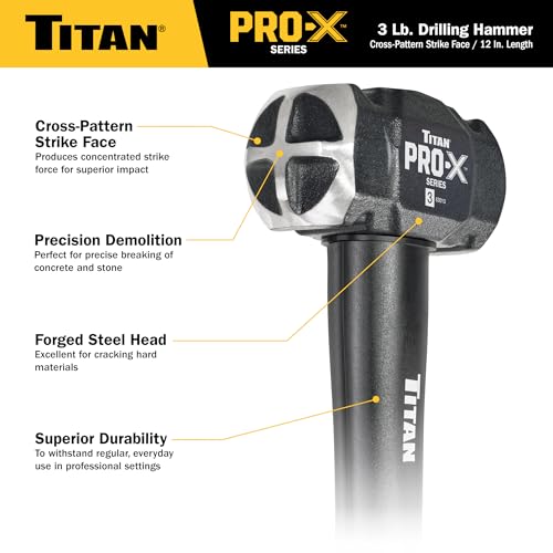 Image of Titan Pro-X 63013 3lb Drilling Hammer, Dual-Face Sledge with Cross-Pattern Face for Concentrated Power & Flat Face for Stake Driving, Overstrike Protection, 12 inch Fiberglass Handle with Textured Grip