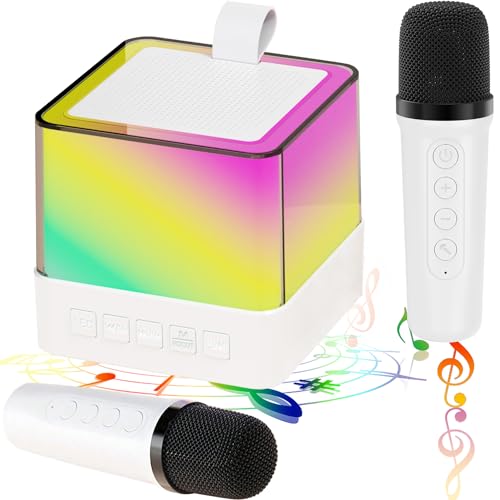 laqula Mini Karaoke Machine for Kids Adults with 2 Wireless Microphones Portable Bluetooth Speaker w/LED Lights Music Player Christmas Toys Gifts for Birthday Party （White）