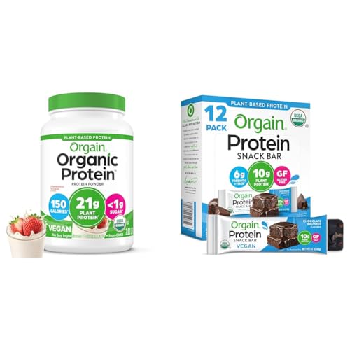 Bundle of Orgain Organic Vegan Protein Powder, Strawberries & Cream, 21g Plant Based Protein, 2.03 lb + Orgain Organic Vegan Protein Bars, Chocolate Brownie, 10g Plant Based Protein, Pack of 12 image 2