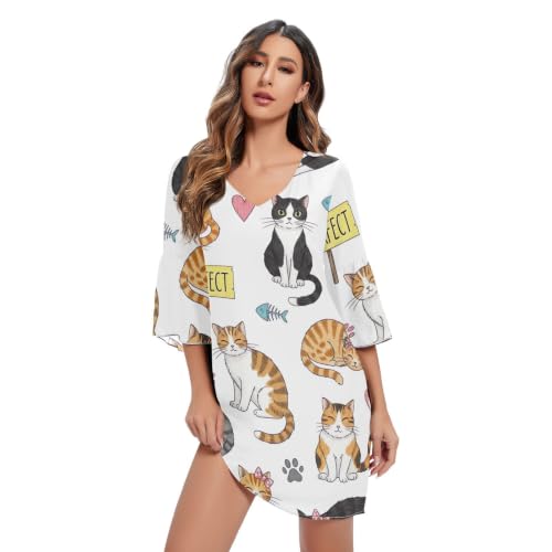 Robe de soirée mousseline blanche motif chats mignons longue fluide chic
