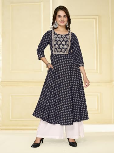 Image of rangita Navy Blue Cotton Calf Length Embroidered Anarkali Kurti for Women | Kurta for Women