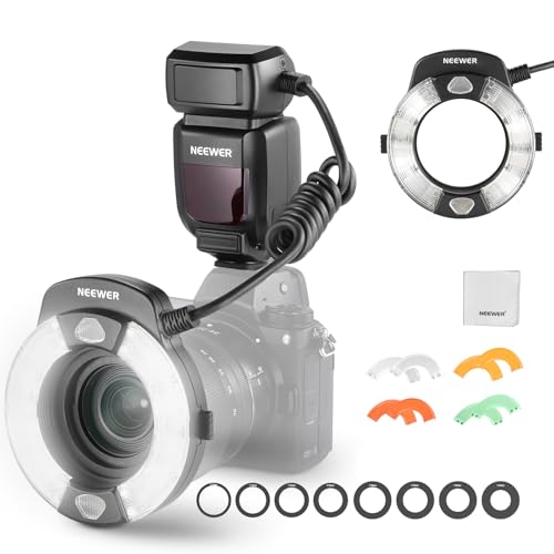 NEEWER RF1-N TTL Marco Ring Flash Light Compatible with Nikon Camera, 5600K 76Ws GN15 1-1/128 Output Front/Rear Curtain Sync, Color Gel/Adapter Rings, Macro Photography Studio Photoshoot Lighting