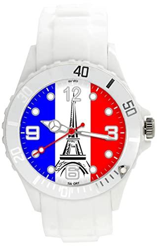TAPORT® Montre Quartz Silicone Blanc pour les fans de France Drapeau, blanc, Sangle