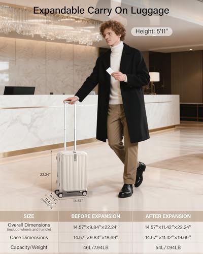 Image of Hanke 56cm Expandable Cabin Trolley Bag, 15.6 Inch Laptop Compartment, Top Opening Hard Shell Polycarbonate, 8 Durable Silent Spinner Wheels, Lightweight Carry On Suitcase for Women,Ivory White