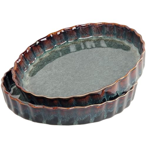 LIUYWYHCF Ceramic Pie Pan Quiche Dish 13.5 Ounces Baking Pan, Set of 2 Au Gratin Baking Dishes, Non-Stick Tart Pan, Pie Plate for Apple, Oven Safe, Round Ruffled Edge 7.7 Inch