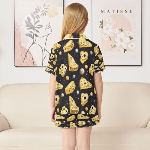 Satin Pajama Sets Short Sleeve Cheese Pieces in Space Pattern Button Down Silky Nightwear 2 Piece PJS 5-14Y4