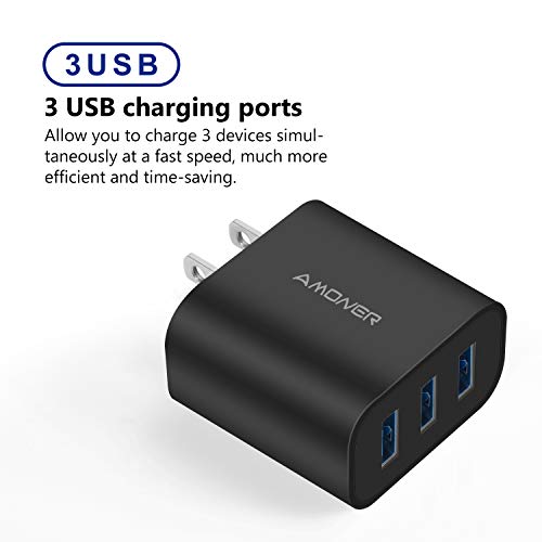 Amoner Wall Charger, Upgraded 2Pack 15W 3-Port USB Plug Cube Portable Wall Charger Plug for iPhone 13/12/mini/Pro/Max/11/Pro/Xs/XR/X/8/7/Plus, Galaxy10/9, Note10/9, and More