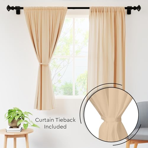 Encasa XO Beige Polyester Semi Transparent Voile Curtains with Tie Back (W 55" x L 54") - Window Panel Set of 2, Rod Pocket, Light-Filtering, Semi Sheer Curtain For Kitchen, Bedroom & Living Room - Image 2
