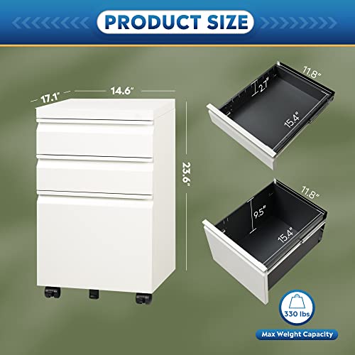 Devaise 3 Drawer Mobile File Cabinet With Lock, Under Desk Metal Filing Cabinet For Legal/Letter/A4 File, Fully Assembled Except Wheels, White #TOP5