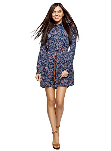 oodji Ultra Femme Robe-Chemise en Viscose, Bleu, FR 42 /